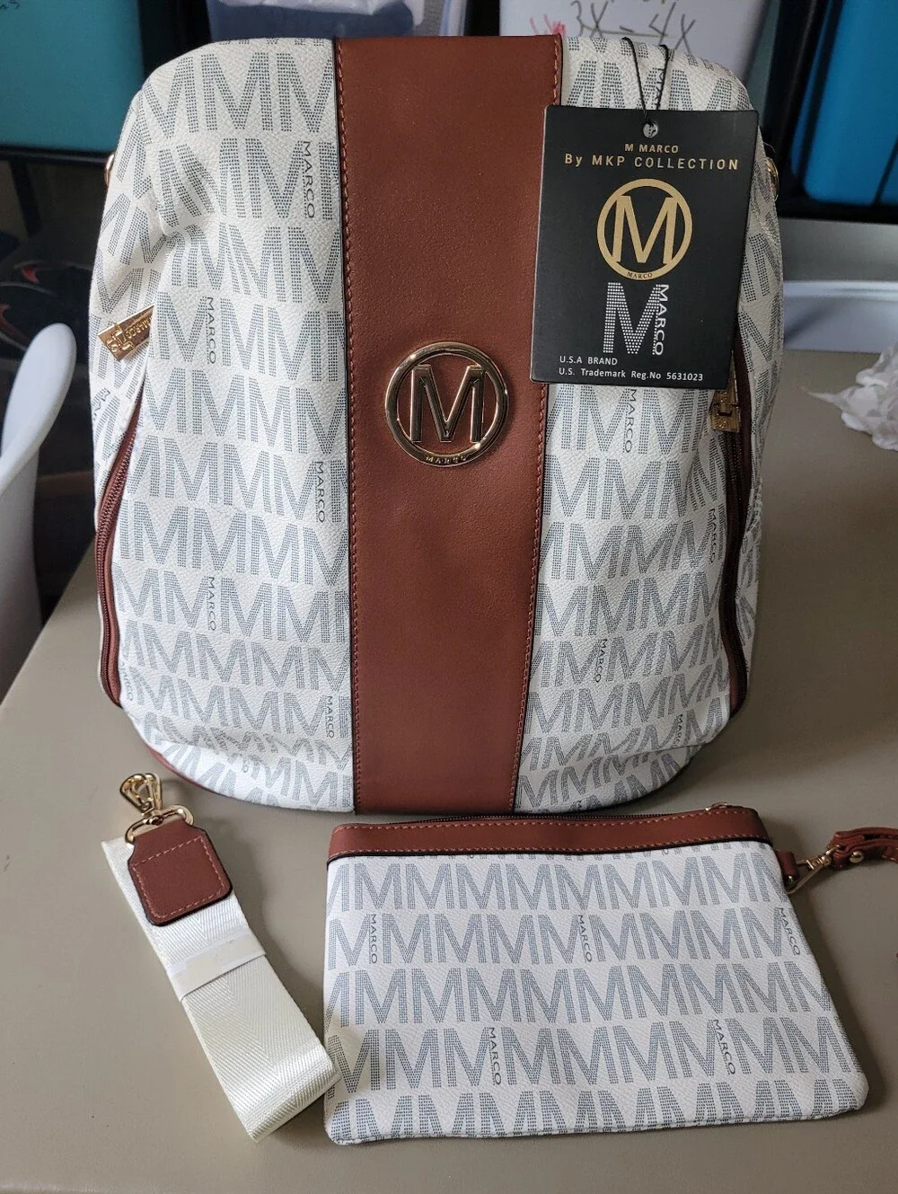 NWT - M Marco MKP Collection Monogram Backpack & Pouch in Cream and Brown.